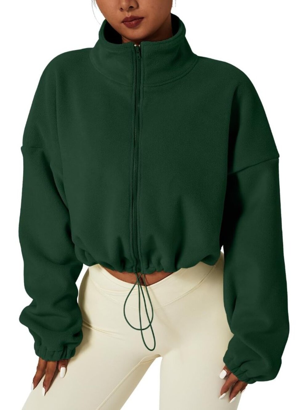 Women's Green Fleece Full ZIP Stand Collar Baggy Cropped Short Sherpa Jacket